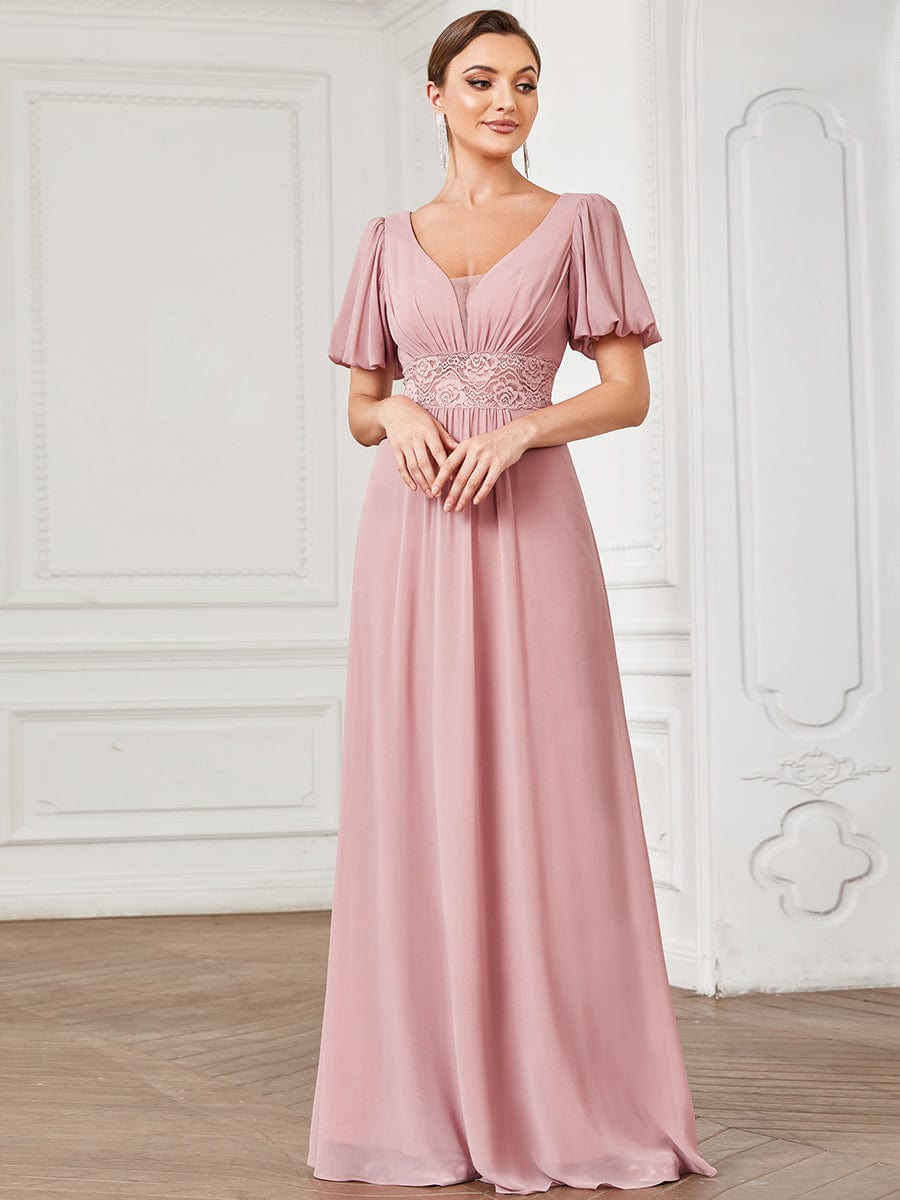 Weitese A-Line Pleated Chiffon Short Sleeve Illusion Lace Evening Dress